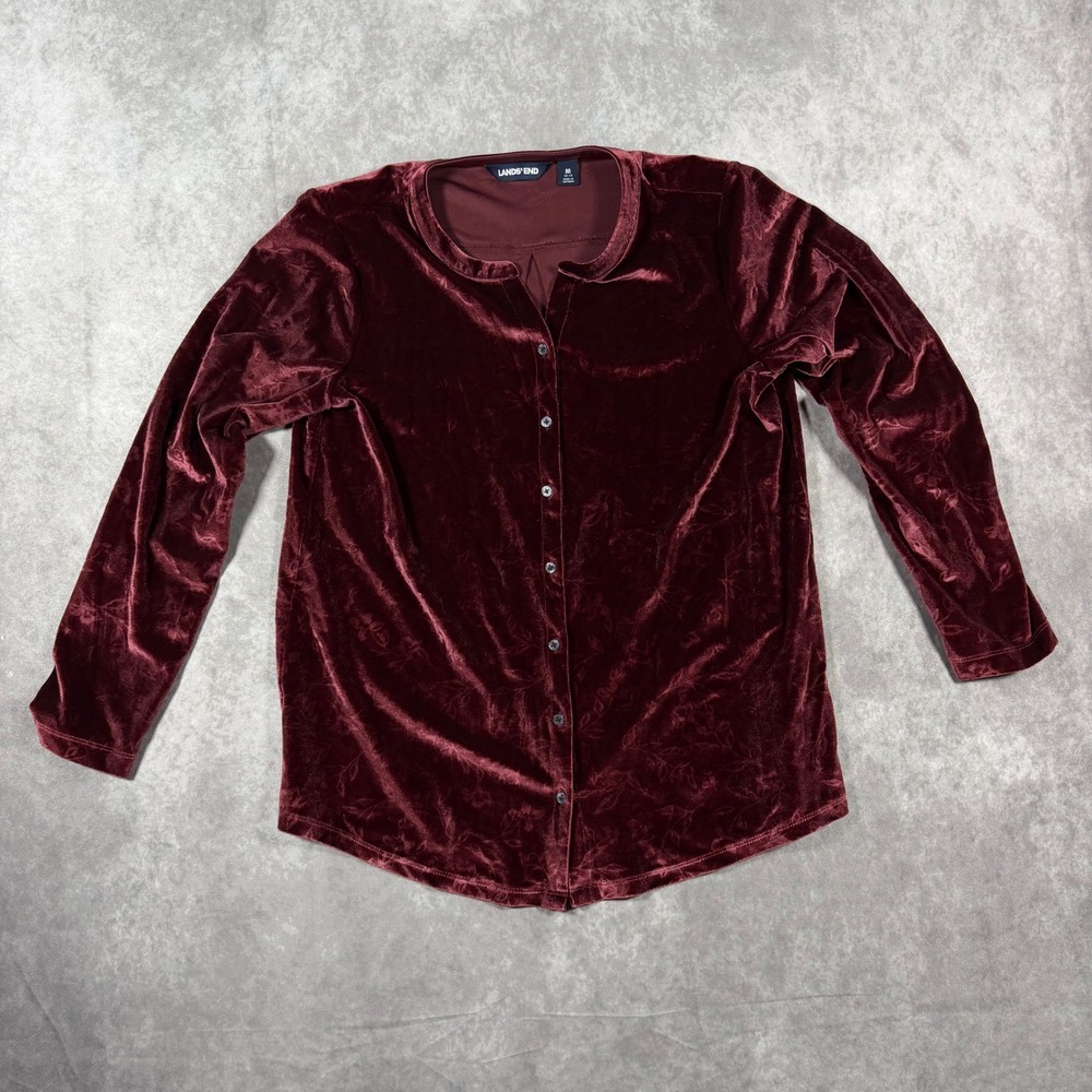 Lands End Womens Burgundy Velvet Floral Burnout Button Down Shirt Medium 10-12
